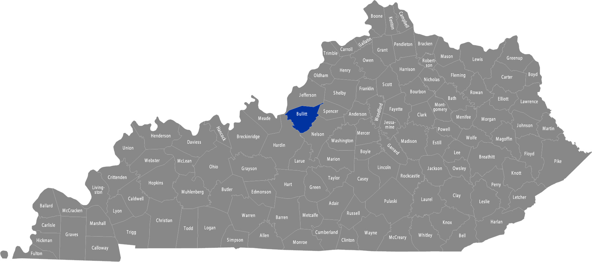 Kentucky map with Bullitt county highlighted in blue