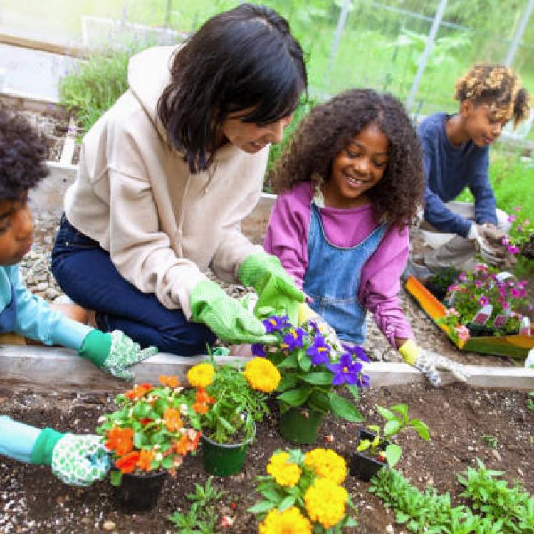  Children planting in raised garden bed